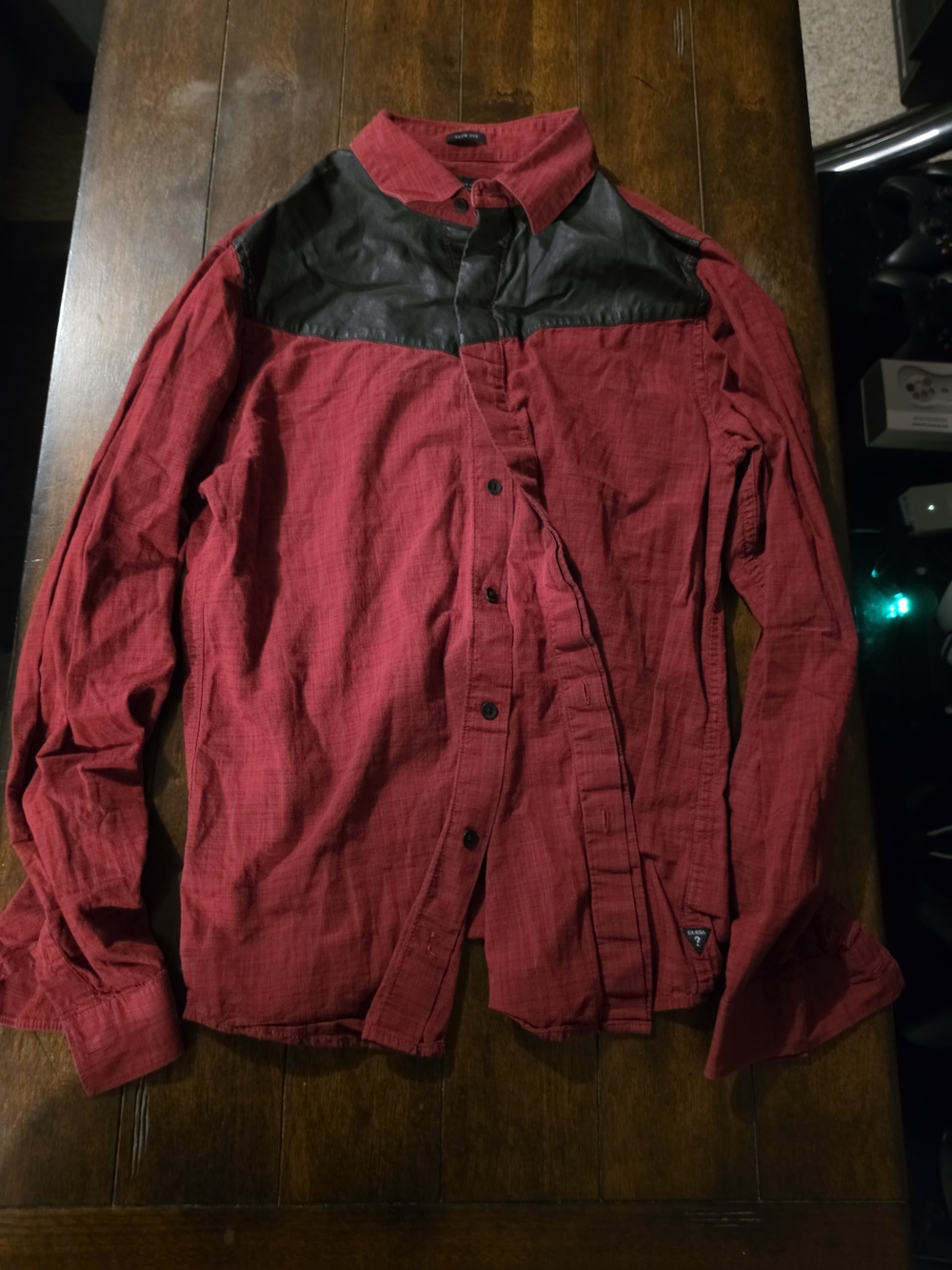 Guess Red Button-Front Shirt Jacket with Black Yoke